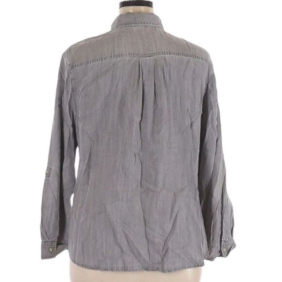 Chico's Gray Stone Wash Shirt Long Tab Sleeve Collared Button Down Tencel Sz 3 - Picture 2 of 9